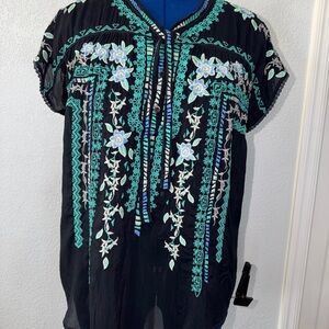 Johnny Was Black Tunic with Teal & White Floral Embroidery